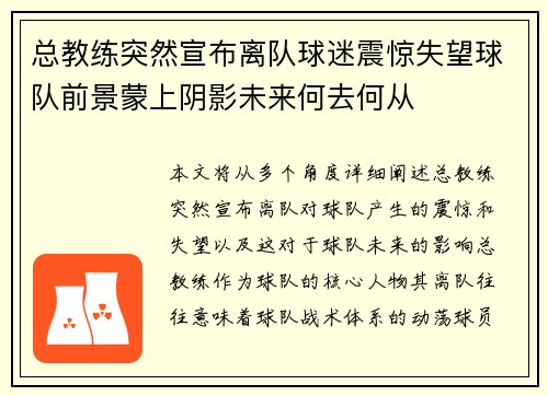 总教练突然宣布离队球迷震惊失望球队前景蒙上阴影未来何去何从