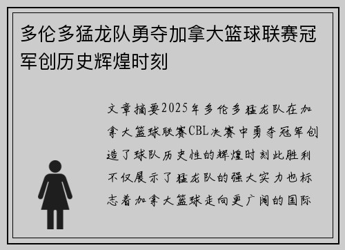 多伦多猛龙队勇夺加拿大篮球联赛冠军创历史辉煌时刻