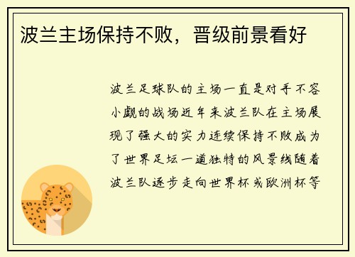 波兰主场保持不败，晋级前景看好