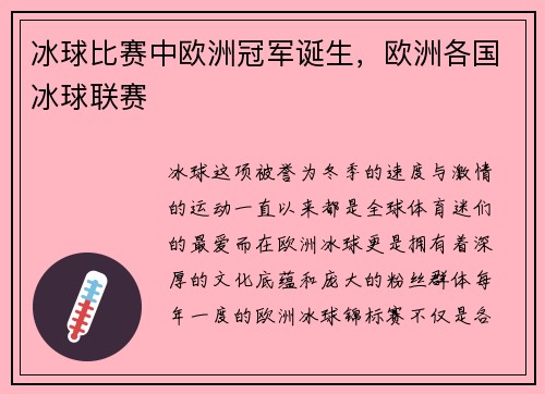 冰球比赛中欧洲冠军诞生，欧洲各国冰球联赛