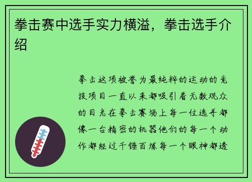 拳击赛中选手实力横溢，拳击选手介绍