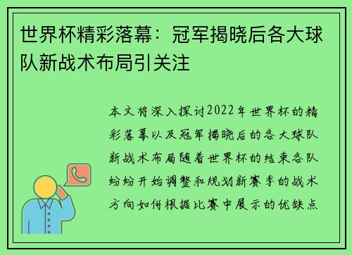 世界杯精彩落幕：冠军揭晓后各大球队新战术布局引关注