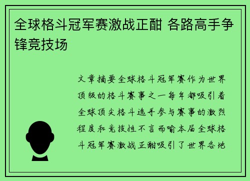 全球格斗冠军赛激战正酣 各路高手争锋竞技场