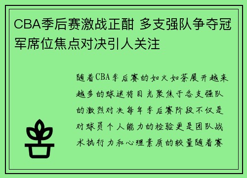 CBA季后赛激战正酣 多支强队争夺冠军席位焦点对决引人关注